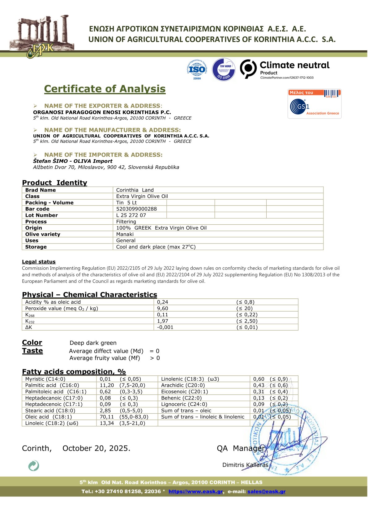 Certifikát - Extra panenský olivový olej 5,0 litra "CORINTHIA Land" 